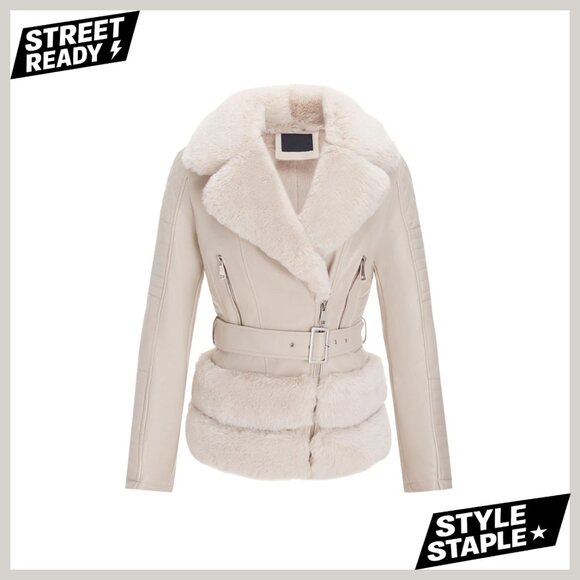 Faux Leather Moto Jacket with Removable Fur Collar Sherpa Lined Slim Fit